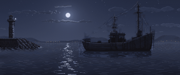 The strait at night: a fishing boat lying still under the moon, the far shore with distant lights and, on the left, a watchtower on the breakwater, its searchlight sweeping the water.