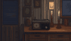 A tube radio on a table, by candlelight.