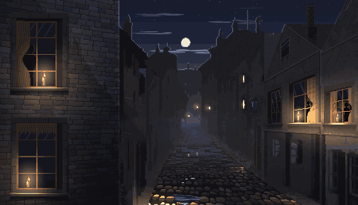 A wet cobbled street at night, misty, under the moon: a candle burns in four of its windows, and behind the curtains the mothers look out.