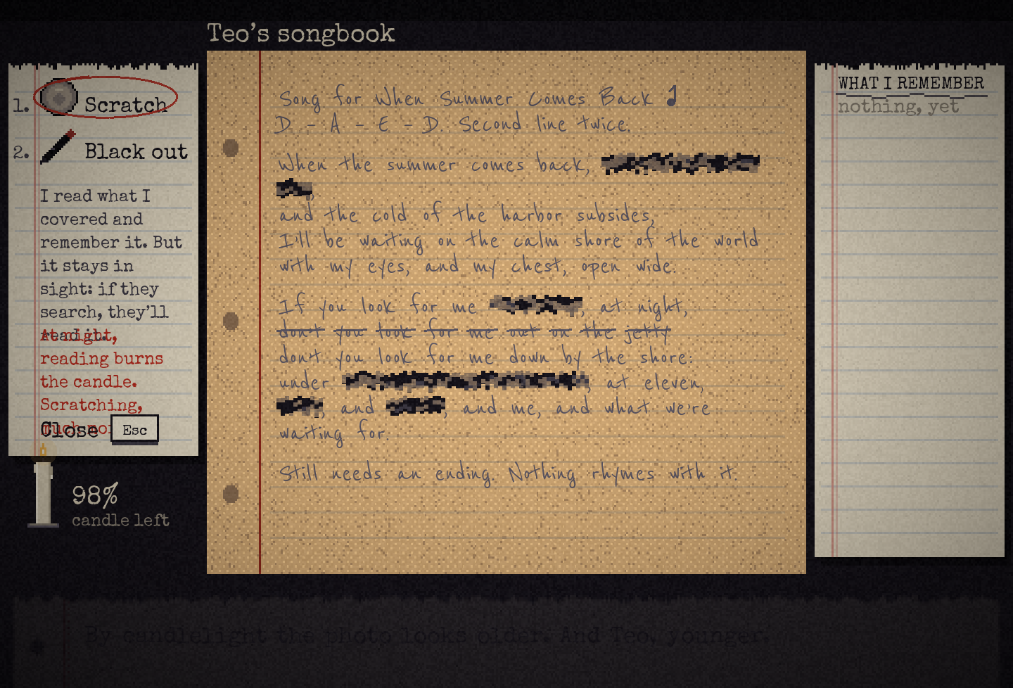 Teo’s songbook, half scratched off, by candlelight.